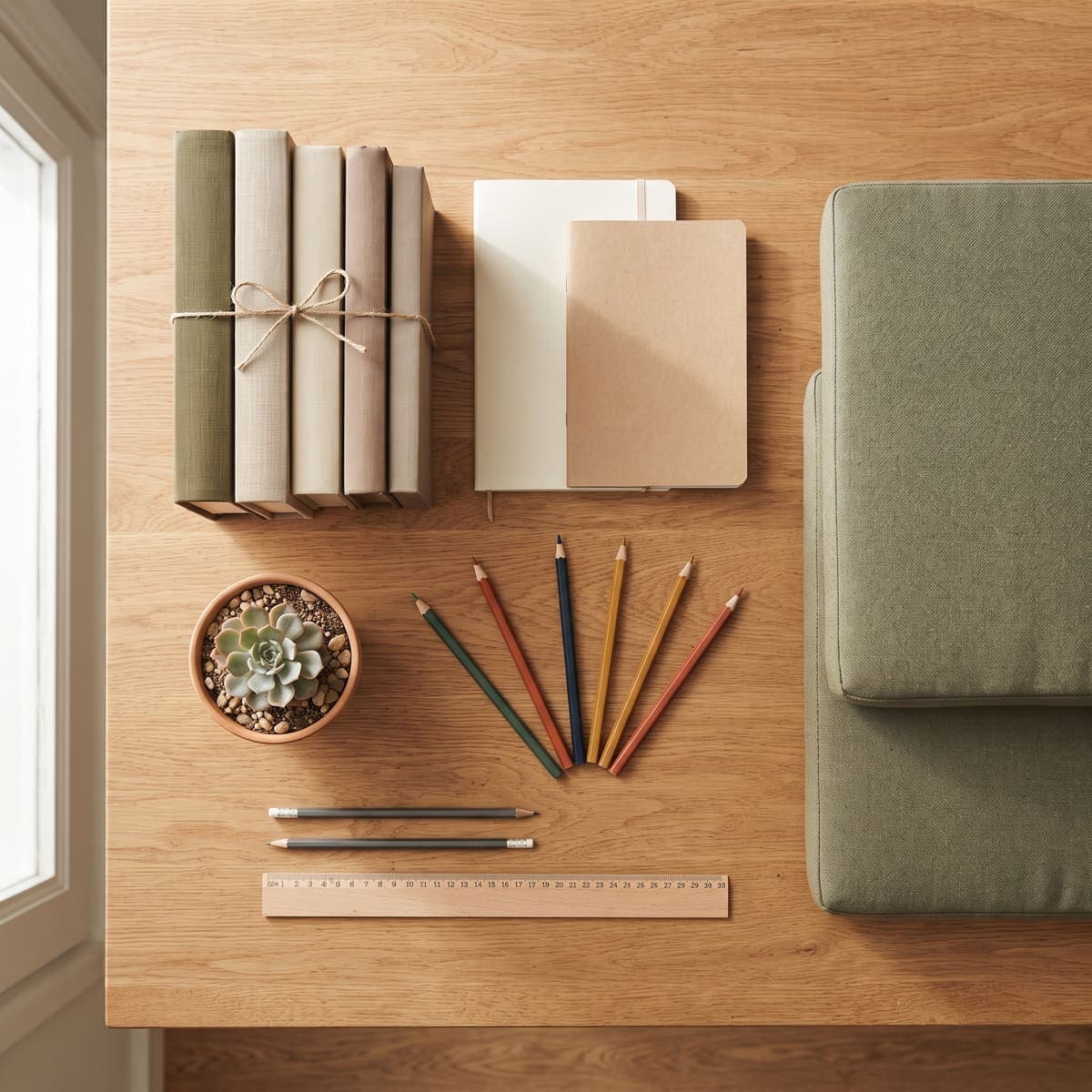 School and office supplies (notebooks, colored pencils, ruler, plant) arranged on a wooden desk