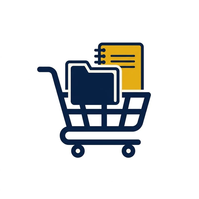 Shopping cart icon holding a folder and notebook