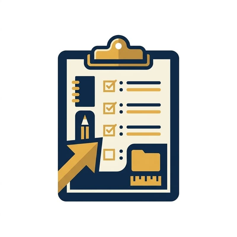 Checklist clipboard icon with a pencil, ruler, and folder