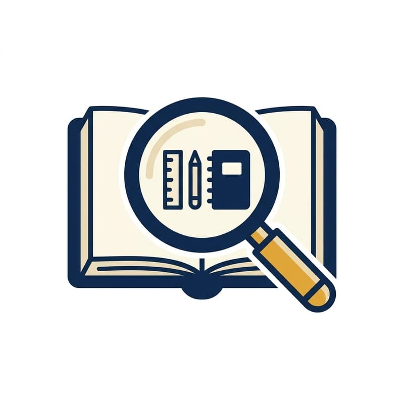 Open book icon with a magnifying glass highlighting a ruler, pencil, and notebook