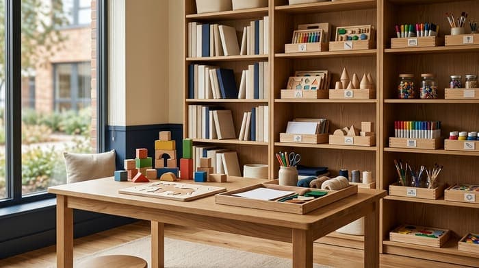 Children's activity table with building blocks and puzzles, next to shelves of books and art supplies