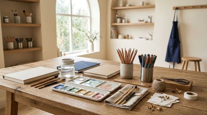 Art table with paintbrushes, a watercolor palette, colored pencils, and sketchbooks
