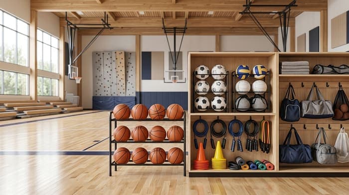 Gym storage area with racked basketballs, soccer balls, volleyballs, jump ropes, and duffel bags