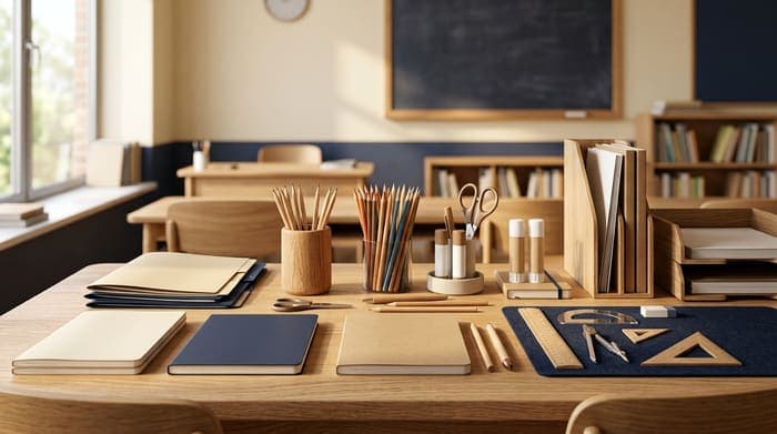 Classroom desk with notebooks, colored pencils, scissors, and folders near a chalkboard
