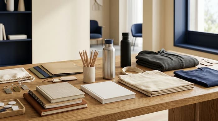 Table with folded branded apparel, tote bags, notebooks, and a water bottle