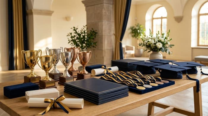 Table with trophies, medals, diplomas, and graduation caps