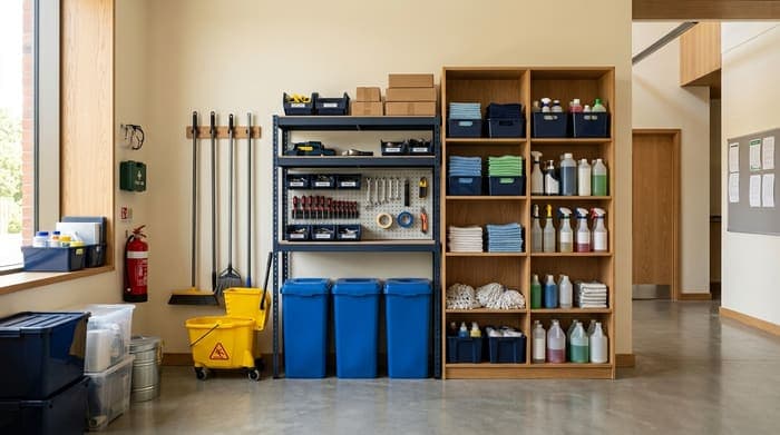 Facility supply room with cleaning carts, mop buckets, recycling bins, and shelved cleaning supplies