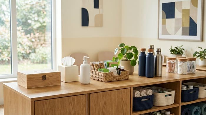 Wellness room counter with tissue boxes, hand sanitizer, a first-aid kit, and folded towels in baskets