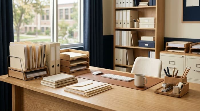 Office desk with file folders, paper trays, a keyboard, and a stapler, binders in the background