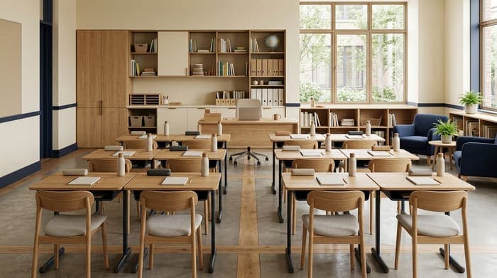 Rows of student desks and chairs in a classroom, with a teacher's desk and bookshelves