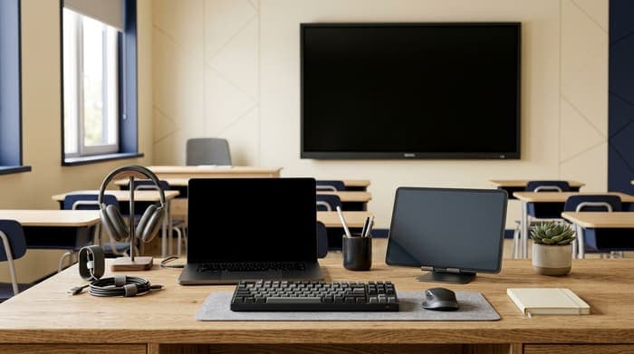Classroom desk with a laptop, tablet, keyboard, headphones, and a wall-mounted screen