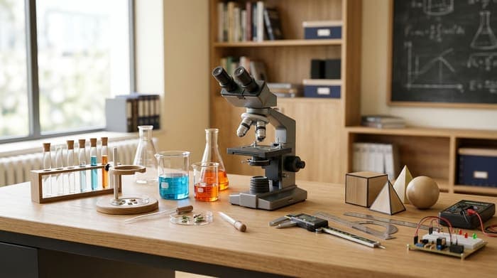 Lab table with a microscope, beakers of colored liquid, geometric shapes, and an electronics breadboard