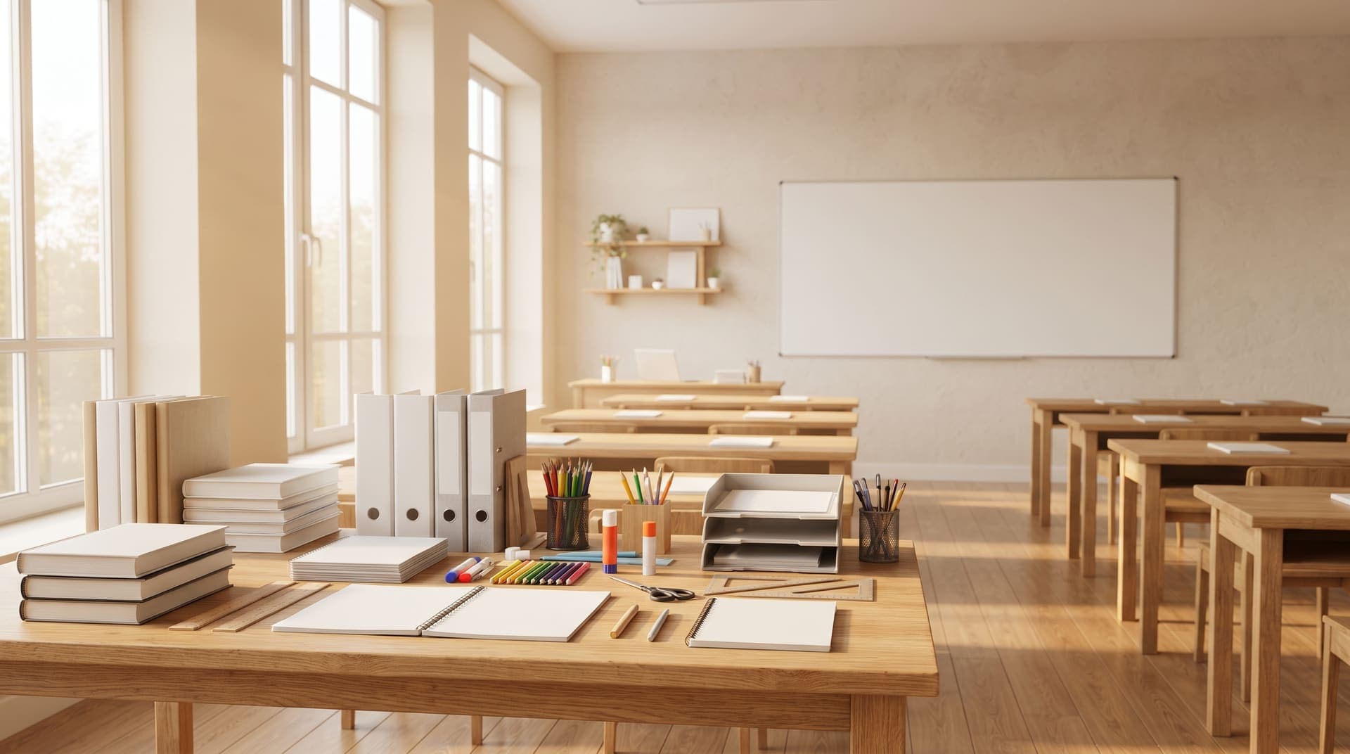 Bright classroom with wooden desks and a whiteboard, ready for the new school year