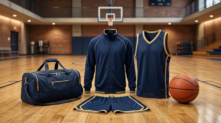 Navy and gold basketball uniform, warm-up jacket, shorts, and duffel bag on a gym court