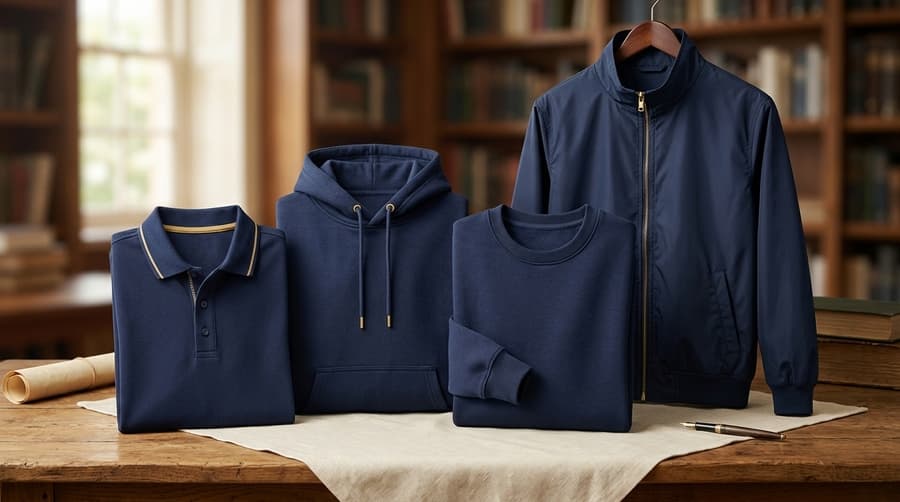 Folded navy polo, hoodie, and sweatshirt with a hanging zip-up jacket
