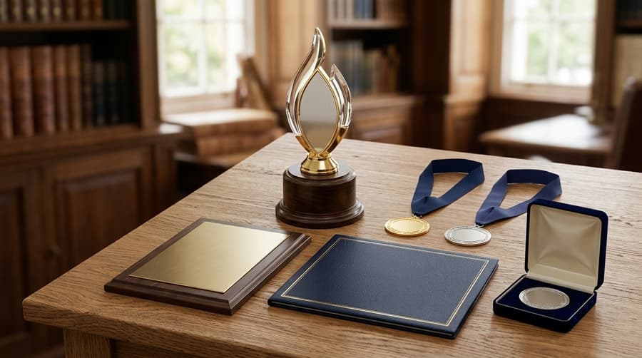 Trophy, plaque, certificate, and medals displayed on a desk