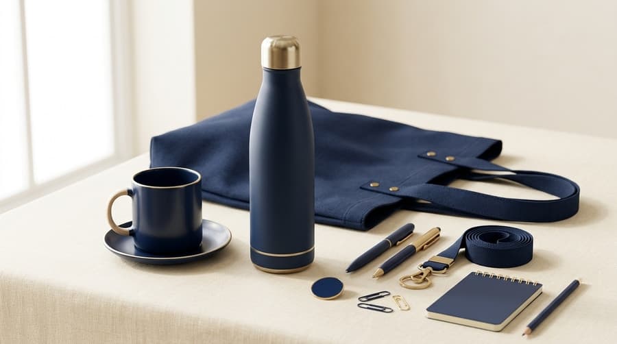 Navy tote bag, water bottle, mug, pens, keychain, lanyard, and notepad