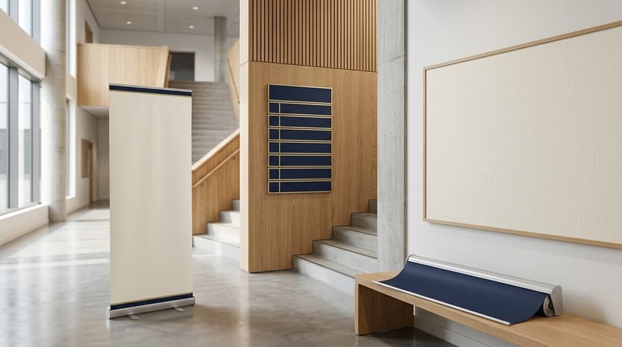 Blank retractable banner stands and wall signage in a school hallway