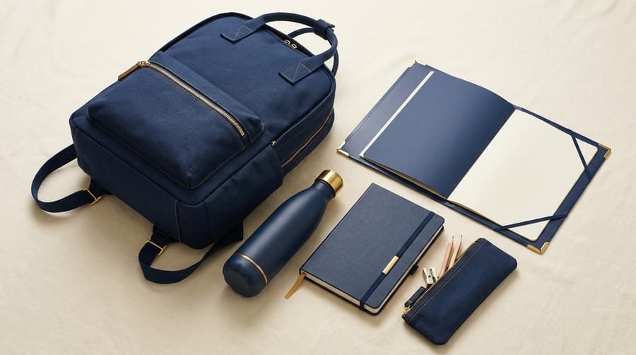 Navy backpack, water bottle, notebook, folder, and pencil case