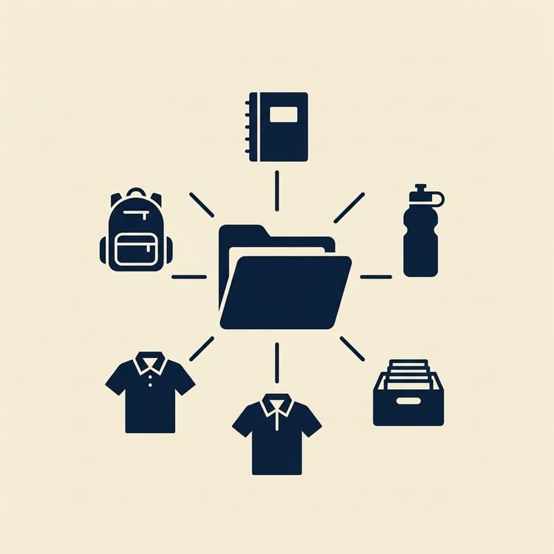 Central folder icon connected to a notebook, water bottle, backpack, polo shirts, and a file box