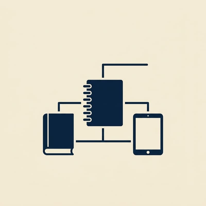 Notebook icon linked to a book and a tablet