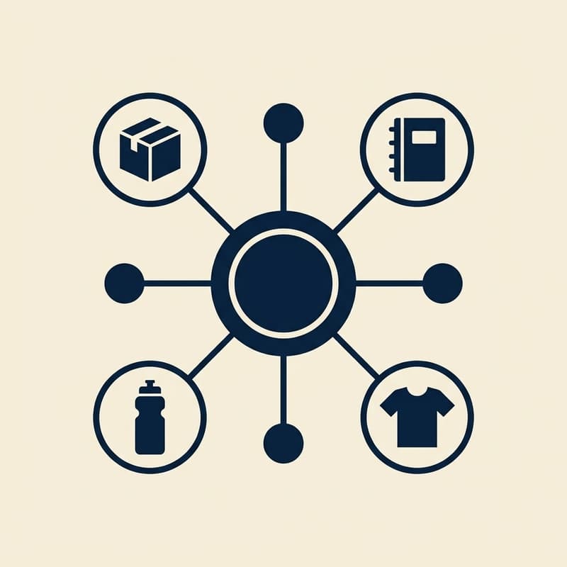 Network diagram connecting a box, notebook, water bottle, and shirt icon around a central hub